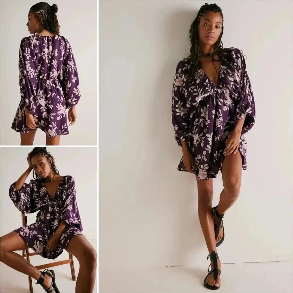 NWOT Free People Portia Printed Dress in Purple Size Small